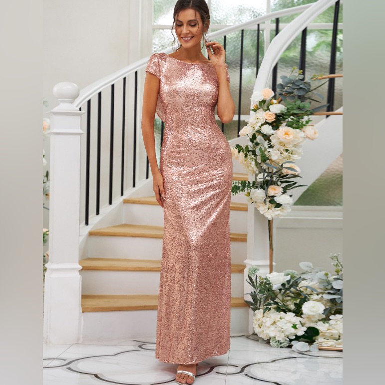 Sheath/Column Sequins Ruched Scoop Short Sleeves Floor-Length Bridesmaid Dresses